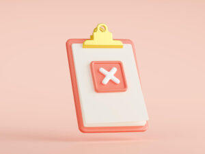 Ilustração de prancheta com símbolo de X representando avaliação negativa no marketplace