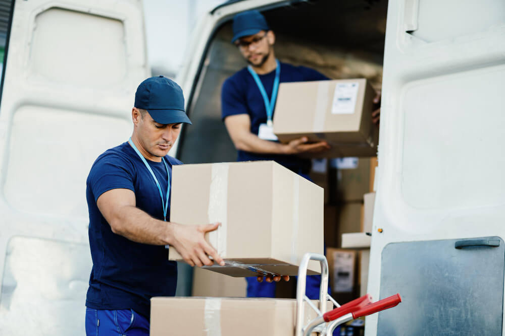 Trabalhadores de logística carregando caixas de encomendas em van de entregas
