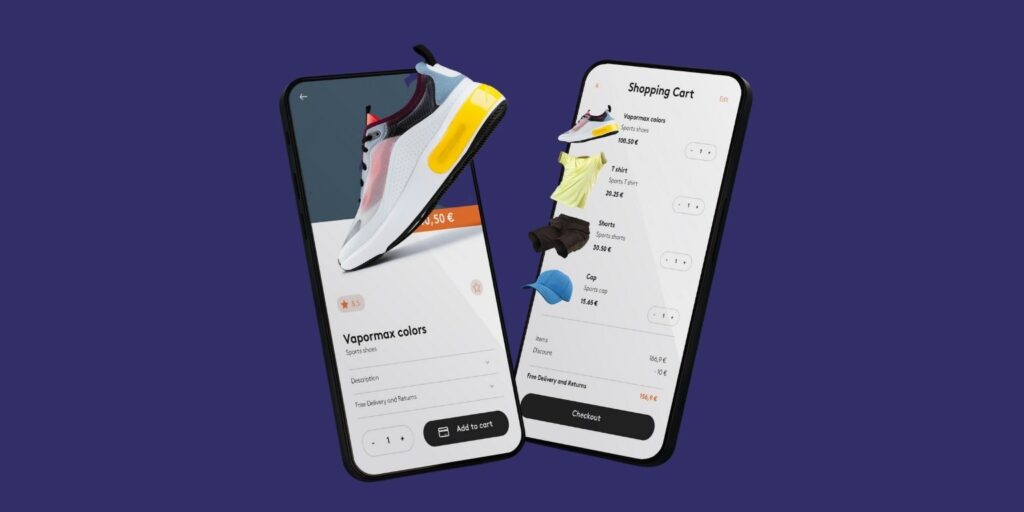 Carrinho de compras digital com tênis e roupas exibido em aplicativo de marketplace