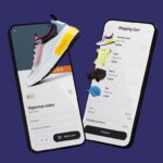 Carrinho de compras digital com tênis e roupas exibido em aplicativo de marketplace