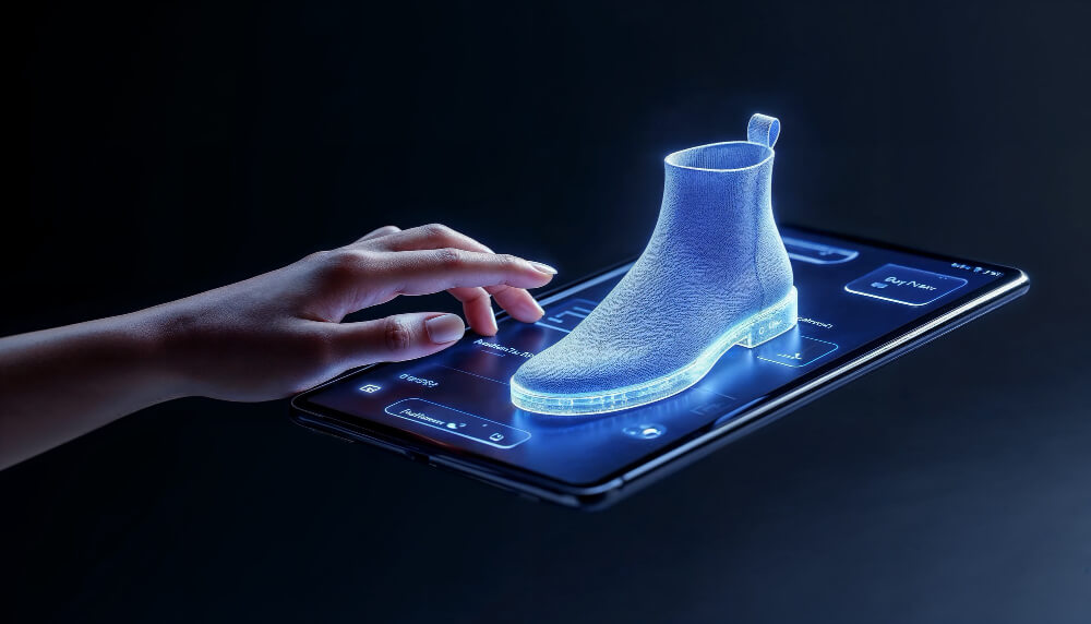 Mão interagindo com holograma de bota 3D projetado em smartphone para compra online