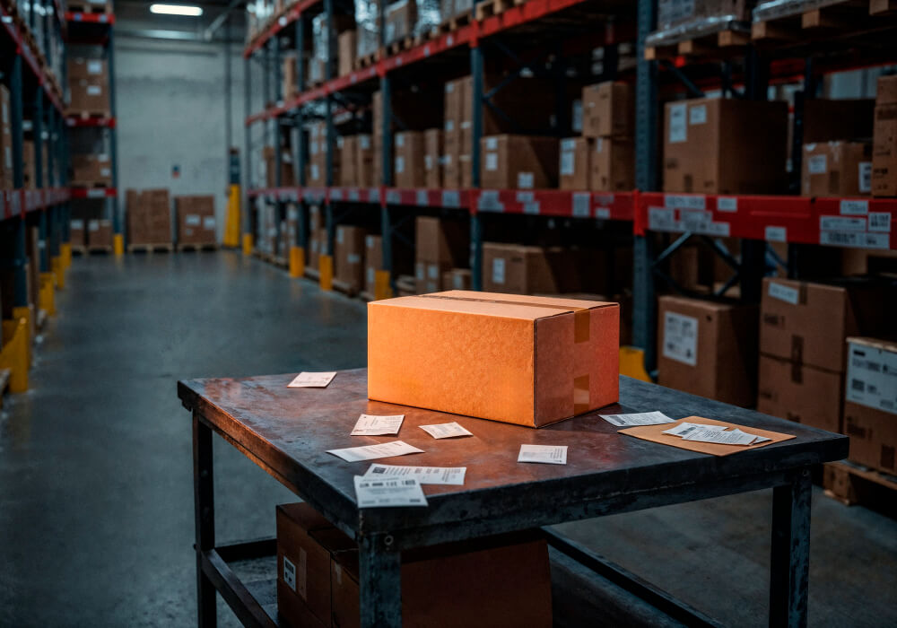Caixa em destaque sobre mesa em armazém representando produtos parados no estoque