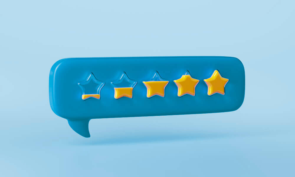 Ilustração 3D de avaliação com estrelas destacando sistema de feedback de clientes