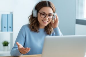 Mulher com fones de ouvido sorrindo enquanto conversa em chamada de vídeo no laptop