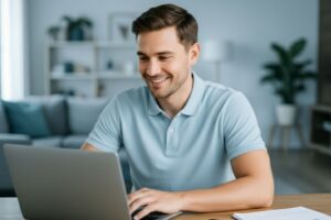 Homem sorridente trabalhando no notebook em ambiente doméstico moderno