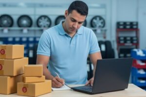 Homem organizando vendas online no notebook com várias caixas de encomendas ao lado