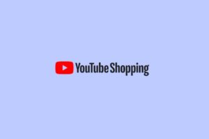 Logo do YouTube Shopping em fundo azul claro representando plataforma de compras online