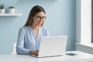 Mulher sorridente usando notebook em escritório moderno com paredes azuis, representando produtividade e trabalho online eficiente.