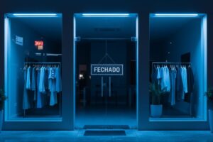 Loja de roupas fechada à noite com letreiro de fechado na porta de vidro
