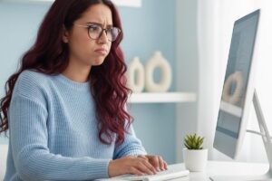 Mulher com expressão preocupada olhando para o computador, representando dificuldades em vendas online e baixo desempenho em loja virtual.