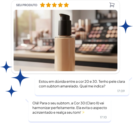 Atendimento online orientando cliente na escolha da base ideal, com imagem de frasco de maquiagem em balcão de produtos de beleza.