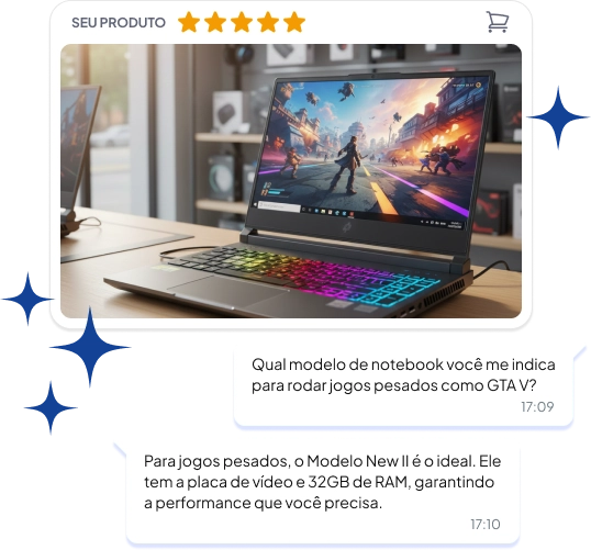 Atendimento online recomendando notebook gamer, com imagem de laptop com teclado iluminado exibindo jogo de alta performance.