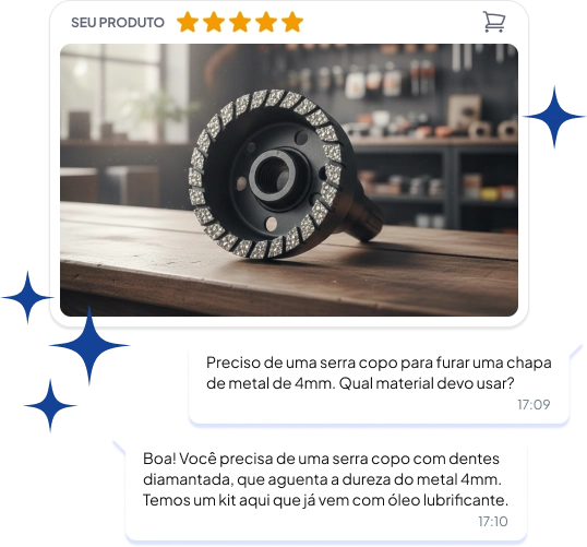 Atendimento online sobre serra copo, com imagem de peça diamantada para perfuração de metal em bancada de ferramentas.