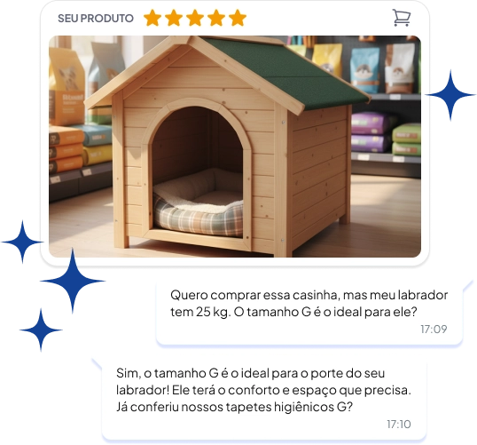 Atendimento online sobre casinha para cachorro, com imagem de casinha de madeira com almofada, ideal para pets de porte médio como labrador.