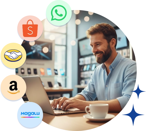 Homem trabalhando no notebook em loja de eletrônicos, com ícones de marketplaces e WhatsApp ao redor, representando atendimento multicanal no e-commerce.