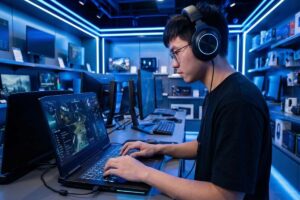 Jovem asiático focado, usando óculos e fones de ouvido grandes, digitando em um notebook gamer com teclado iluminado em uma loja de eletrônicos com luzes neon azuis ao fundo.