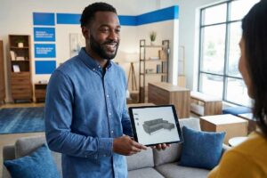 Vendedor de loja de móveis mostrando sofá em tablet para cliente, ilustrando atendimento personalizado e suporte visual na escolha do produto.