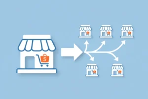 Ilustração de loja da Shopee se expandindo para múltiplas lojas, representando estratégia de abrir várias contas para escalar vendas no marketplace.