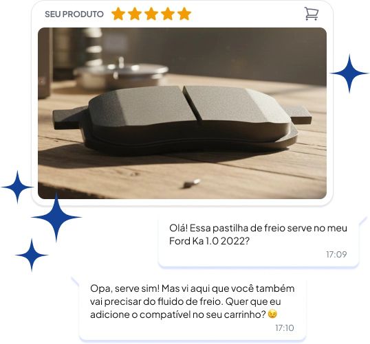 Conversa de atendimento online sobre pastilha de freio, mostrando interação personalizada entre cliente e vendedor no e-commerce automotivo.