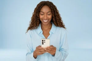 Mulher sorrindo enquanto utiliza o smartphone, representando a facilidade do atendimento via WhatsApp