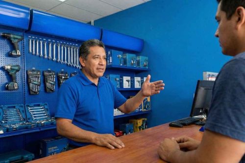 Atendente de meia-idade, vestindo camisa polo azul, gesticulando e explicando sobre ferramentas expostas em um painel azul para um cliente no balcão de uma loja de ferragens.