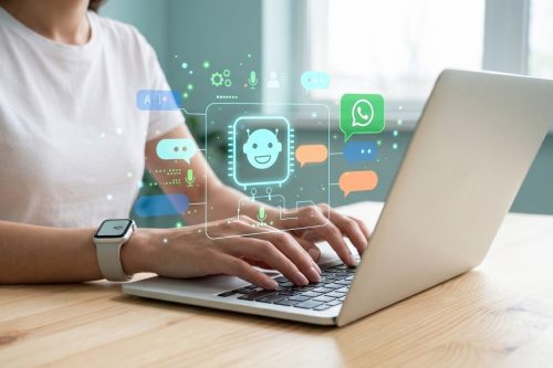 Uma mulher sentada em uma mesa de madeira utiliza um notebook prateado. No notebook, há hologramas gráficos de ícones de bate-papo, um robô de inteligência artificial e ícones de assistente virtual flutuando no notebook. Ela tem um smartwatch em seu pulso e está usando uma camiseta branca. O ambiente é um escritório com um fundo turquesa. Esta imagem ilustra um conteúdo sobre as diferenças entre agentes de IA e chatbots.