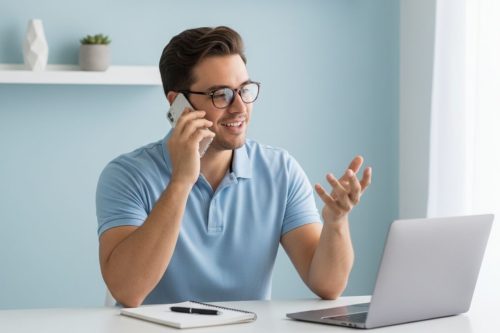 Homem sorridente falando ao telefone enquanto trabalha no notebook, representando atendimento omnichannel e comunicação eficiente com clientes.