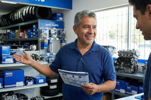 Vendedor de autopeças atendendo cliente na loja, segurando catálogo e indicando produtos, representando suporte especializado e redução de devoluções.