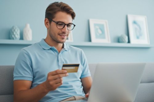 Homem fazendo compra online com cartão de crédito em frente ao notebook