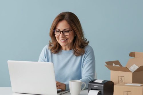 Mulher usando notebook ao lado de caixas de envio e impressora de etiquetas, representando gestão de múltiplas lojas na Shopee e operações de e-commerce.