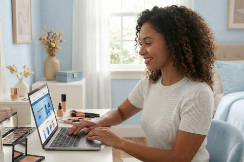 Mulher sorrindo sentada à penteadeira com maquiagens e perfumes, digitando em um notebook que exibe uma loja virtual de produtos de beleza, em um quarto decorado em tons de azul claro e branco.