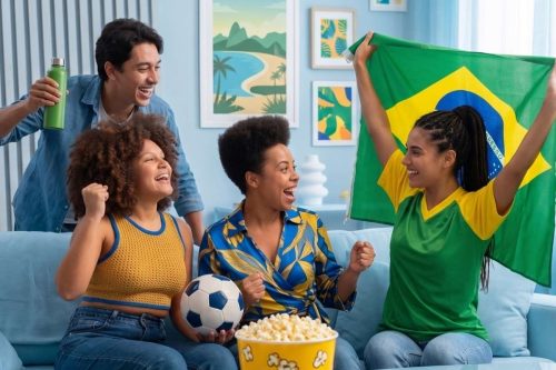 Quatro amigos reunidos em um sofá comemorando e assistindo a um jogo do Brasil, segurando uma bandeira e uma bola de futebol com um balde de pipoca na frente.
