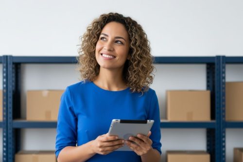Mulher sorrindo enquanto segura tablet em frente a prateleiras com caixas de estoque