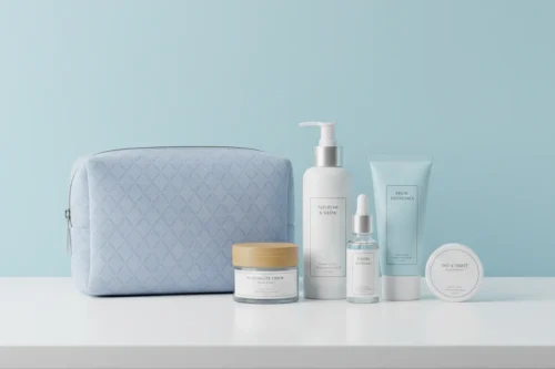 Kit de skincare com nécessaire azul e produtos de beleza organizados sobre mesa, representando estratégia de vendas de kits na Shopee.