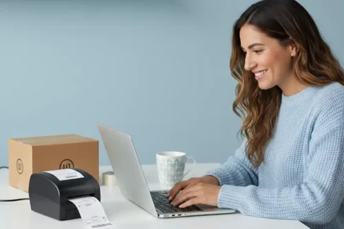 Mulher usando notebook ao lado de impressora de etiquetas e caixa de envio, representando operação de vendas em marketplaces como Magazine Luiza e Casas Bahia.