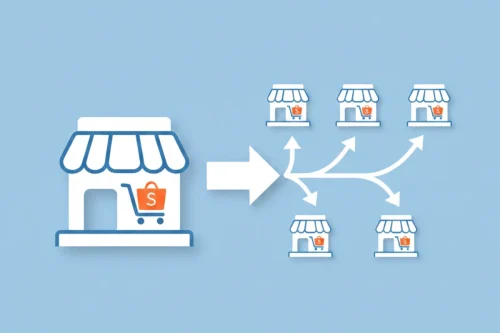Ilustração de loja da Shopee se expandindo para múltiplas lojas, representando estratégia de abrir várias contas para escalar vendas no marketplace.