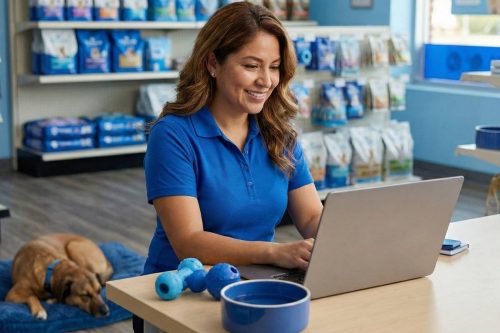 Atendente de pet shop usando notebook no balcão, com brinquedos e comedouro azul, enquanto um cachorro descansa ao fundo na loja.