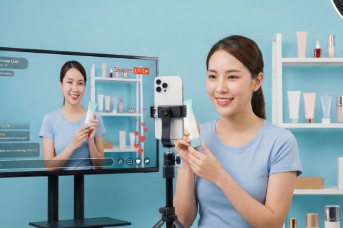 Mulher sorridente realizando uma transmissão de vendas ao vivo (Live Commerce) em frente a um celular apoiado em um tripé. Ela usa um microfone de lapela discreto. Ao fundo, uma televisão exibe o retorno da filmagem em tempo real. O ambiente é um estúdio moderno com iluminação suave em tons de azul claro.